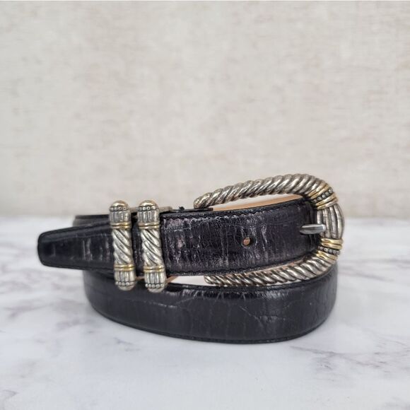 Fossil Croco Croc Embossed Cowhide Black Leather Belt Silver Accents - Picture 1 of 16